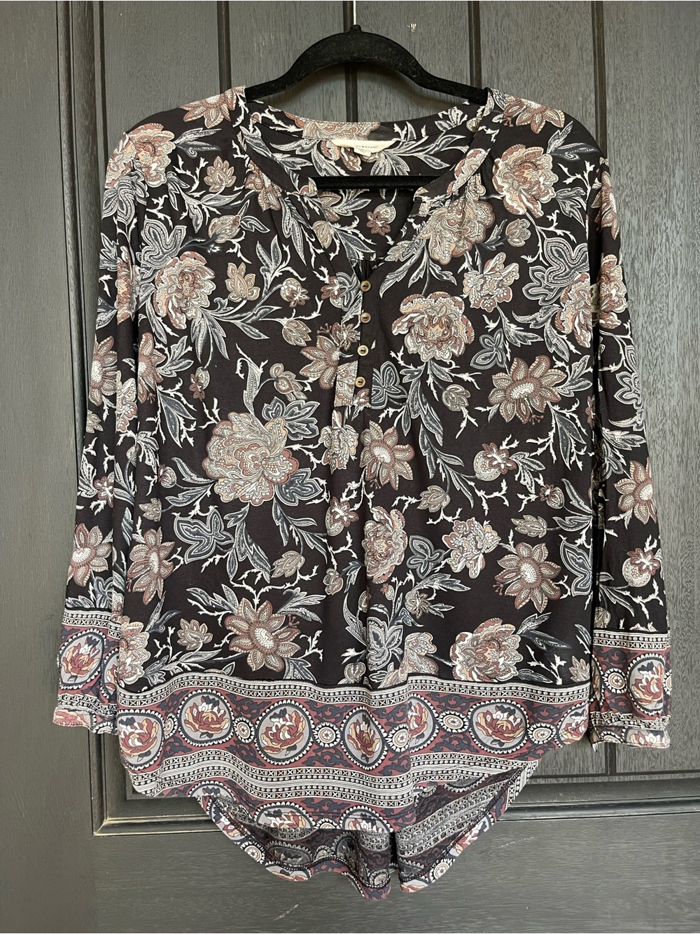 Lucky Brand Floral Paisley Border Print Henley Boho Blouse M